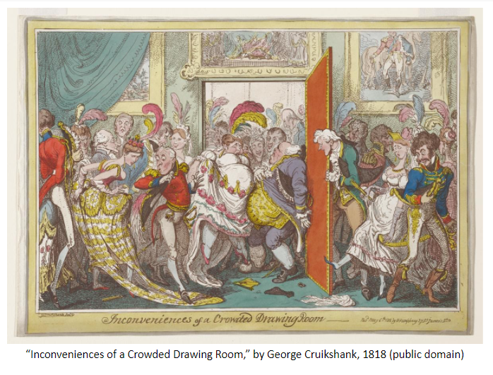 Image of “Inconveniences of a Crowded Drawing Room,” by George Cruikshank, 1818 (public domain)