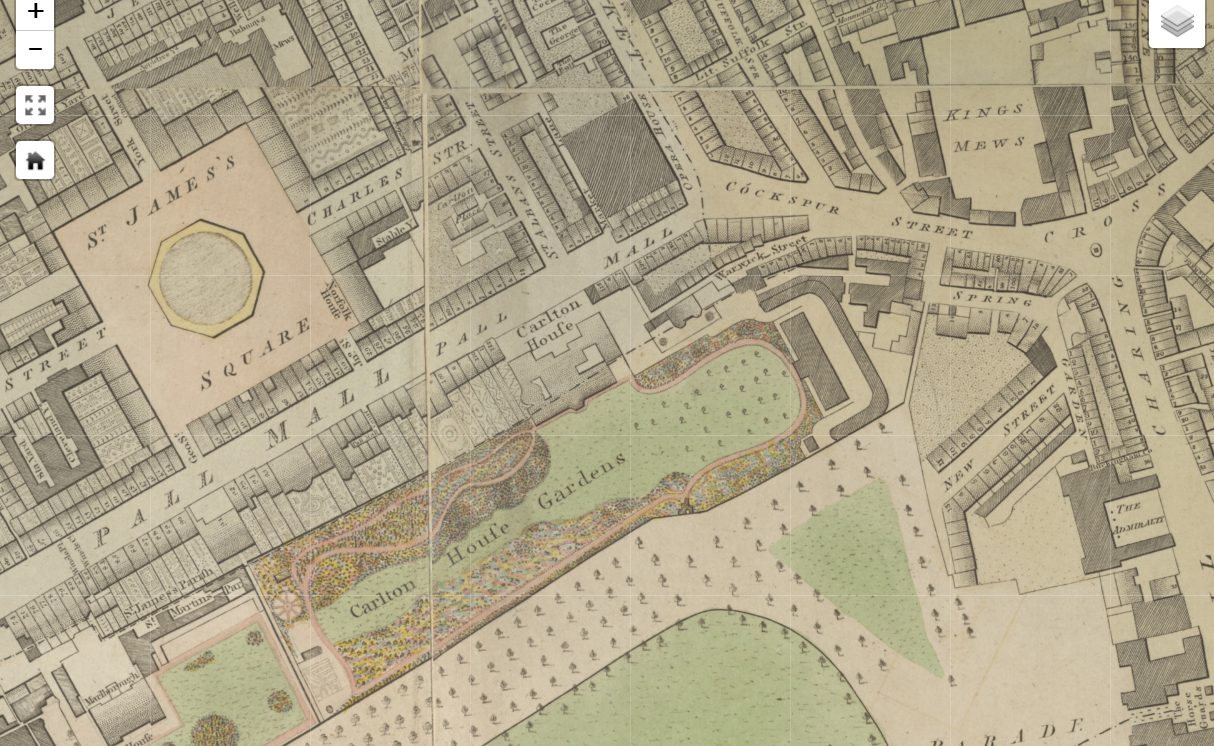 Closeup of Carlton House and surroundings, with pale coloration of grass, trees, and squares