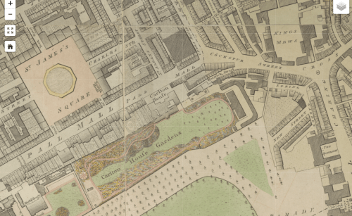 Closeup of Carlton House and surroundings, with pale coloration of grass, trees, and squares