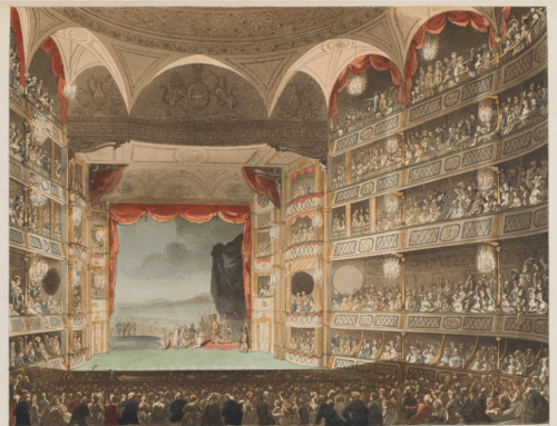 This colored lithograph depicts a full theatre with an audience watching a play with a backdrop of a rural scene
