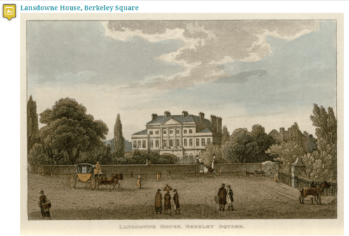 Lansdowne House in Berkeley Square sits among extensive gardens next to Berkeley Square, which is filled with people, a carriage, several waiting horses. and two dogs