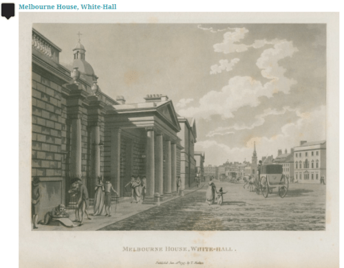 Black and White engraving of the front of Melbourne House facing a wide unpaved street.