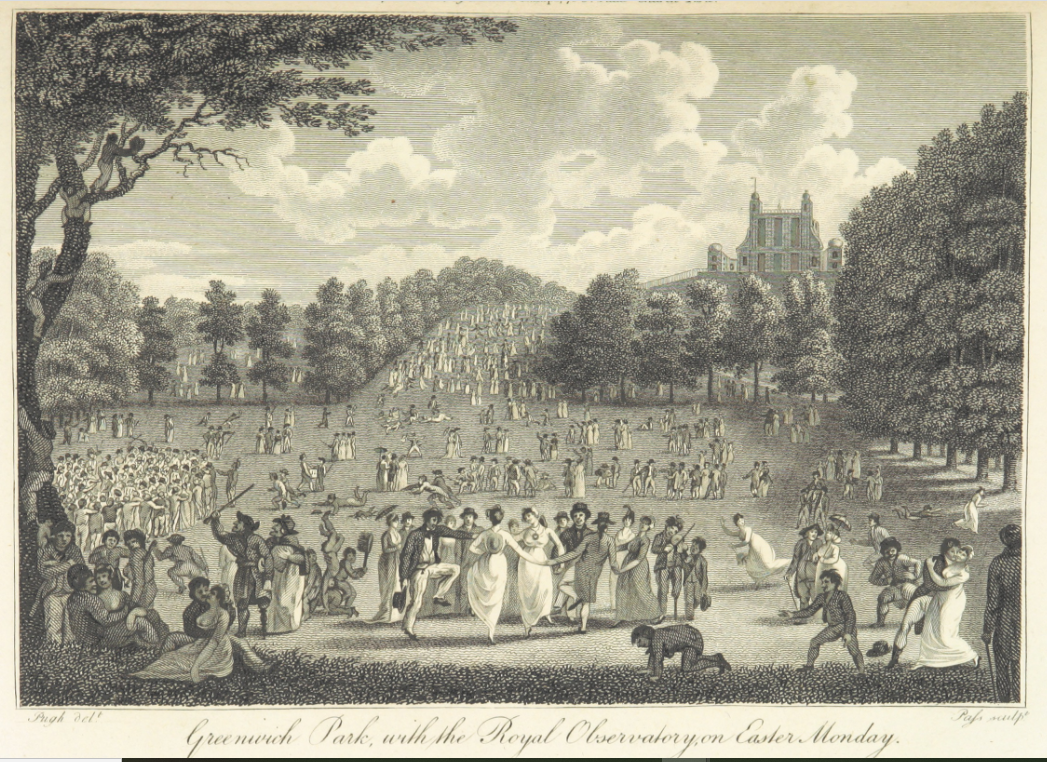 Black and white engraving of Greenwich Park with crowds celebrating Easter