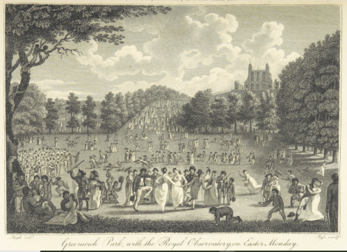 Black and white engraving of Greenwich Park with crowds celebrating Easter