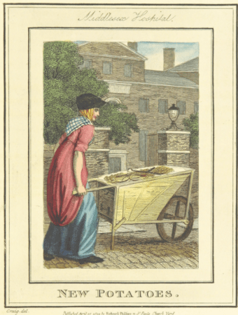 Image of woman, dressed in red and blue, pushing a wheelbarrow with new potatoes past Middlesex Hospital