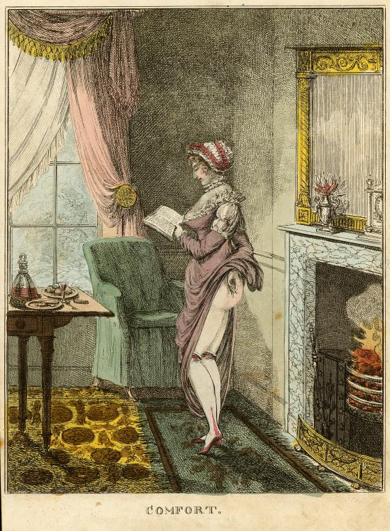 print cartoon of a lady warming her bare backside near a fire.