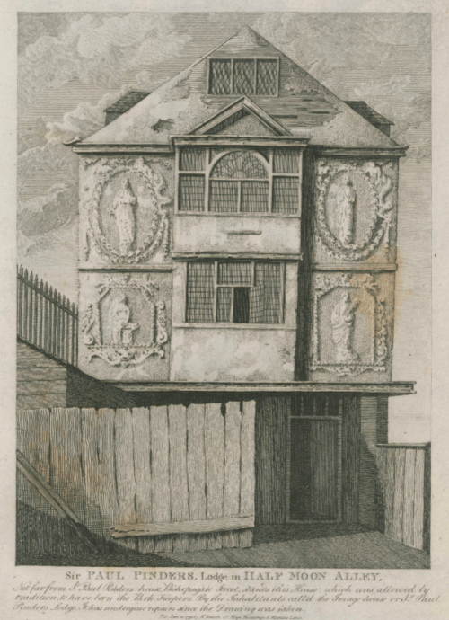 Black and white engraving of a medieval house