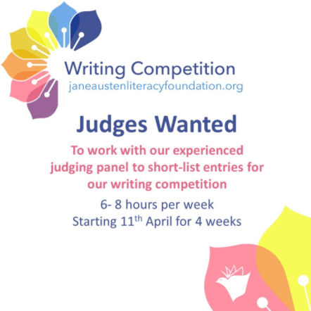 Poster recruiting judges for the short story contest hosted by the Jane Austen Literacy Foundation