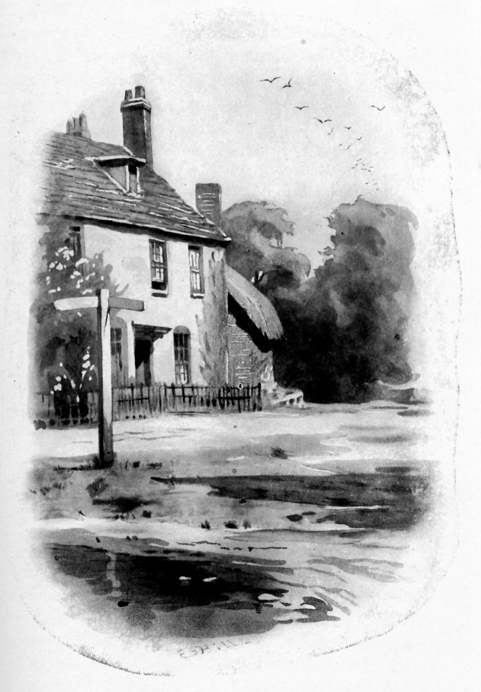 Black and white pen and ink drawing of the cottage by Ellen Hill