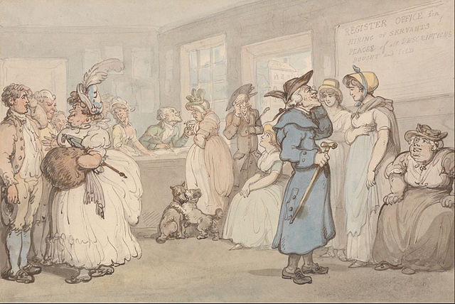 Watercolor of a busy office in which prospective employers interview and look over potential servant applicants