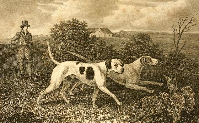 A black and white print of a hunter going out with two pointers, 1820 image.