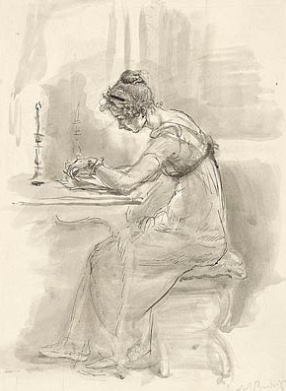 Drawing of a Regency woman writing a letter