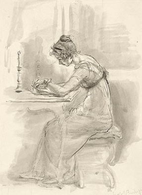 Drawing of a Regency woman writing a letter