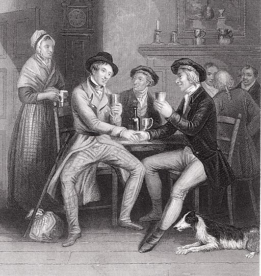 Black and white engraving of two men in a tavern shaking hands at midnight, singing Auld Lang Syne