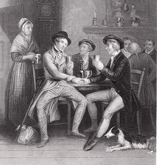 Black and white engraving of two men in a tavern shaking hands at midnight, singing Auld Lang Syne